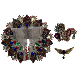 Silver Embroidered Dress With Peacock Colours For Laddu Gopal Along With Heavy Mukut & Necklace Set, SIZE - 0.