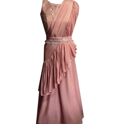 Pink Lavender Pure Georgette Ruffle Saree With Hand Embroidered Net Blouse and Waist Belt