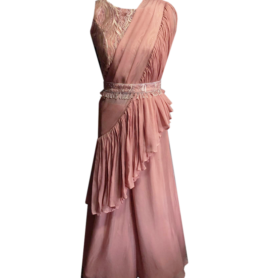 Pink Lavender Pure Georgette Ruffle Saree With Hand Embroidered Net Blouse and Waist Belt