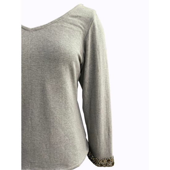Grey V-Neck Hand Embroidered Pullover (Sweater) For Women, Warm & Comfy, Size - L