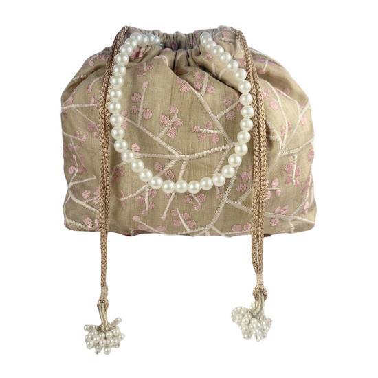 Beige Fabric Potli With Embroidery Work & Pearl Chain, Pouch Bag For Women For Weddings