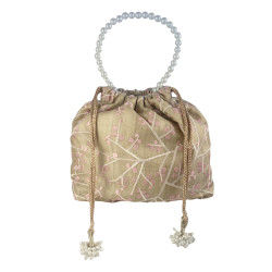 Beige Fabric Potli With Embroidery Work & Pearl Chain, Pouch Bag For Women For Weddings