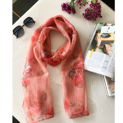 Gorgeous Pink Floral Long Scarf For Women, Lightweight, Soft, Tissue Fabric