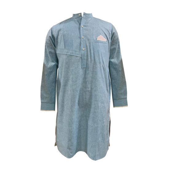 Contemporary Style Blue Linen Long Kurta With Full Sleeves For Men 