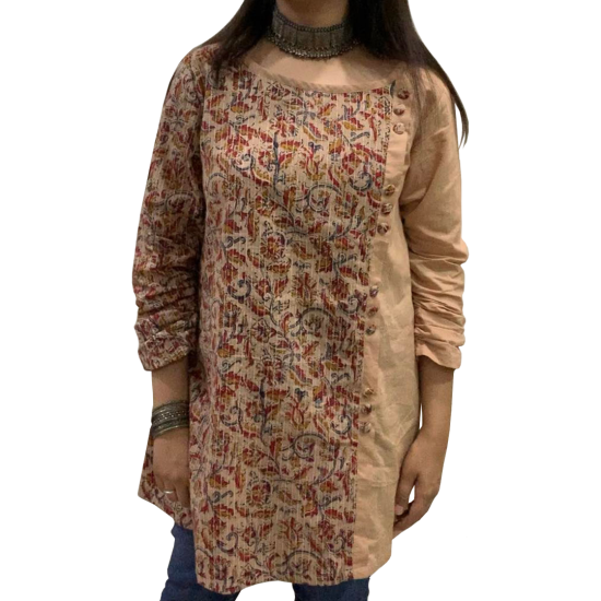 Brown Beige Printed Medium Length Cotton Kurti For Women