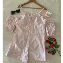 White & Light Pink Short Cotton Jumpsuit Dress For Women