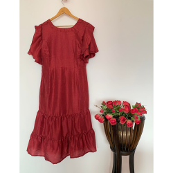 Rust Maroon Matka Silk Fabric Summer Midi Dress For Women