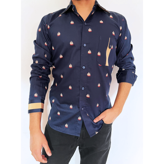 Deep Navy Blue Printed Cotton Blend Full Sleeve Shirt For Men