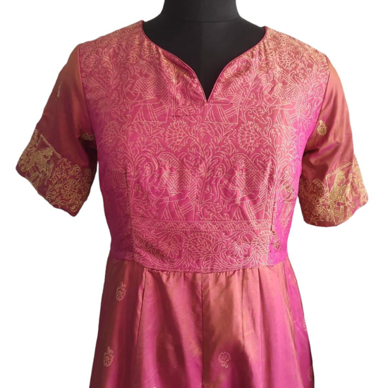 Pink Banarasi Silk Long Kurti For Women
