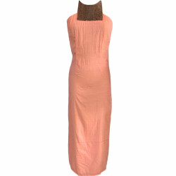 Peach Pink Sleeveless Indo-Western Long Silk Gown With Stunning Back Design