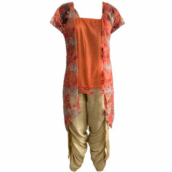 Orange Short Kurta With Embroidered Net Shrug And Golden Beige Pants 