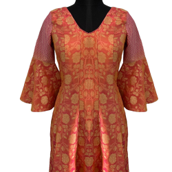 Orange Banarasi Silk Long Kurti With Fancy Sleeves, Perfect Ethnic Wear For Women