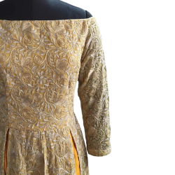 Golden Yellow Off-Shoulder Indo-Western Embroidered Gown For Women