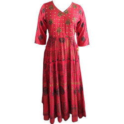 Long Fancy Anarkali-Style Red Printed Kurti With Three Quarter Sleeves, Sizes - S, M, L