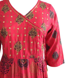 Long Fancy Anarkali-Style Red Printed Kurti With Three Quarter Sleeves, Sizes - S, M, L