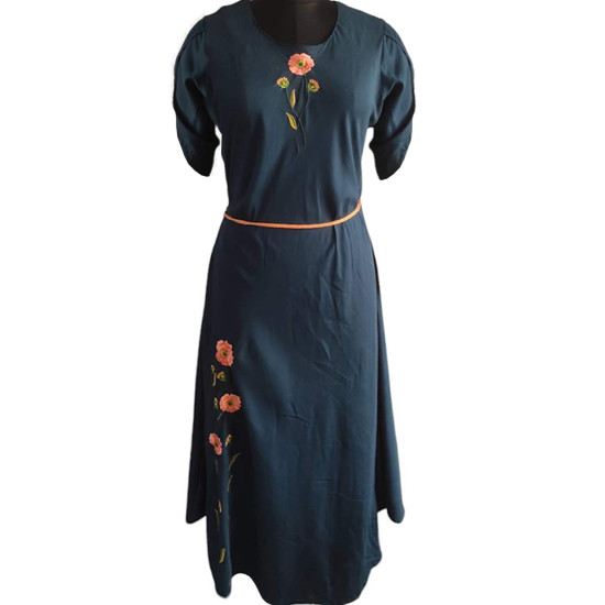 Casual Long Blue Cotton Kurti With Embroidery Work