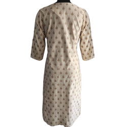White And Golden Long Printed Kurti With Full Sleeves And Embroidery Work