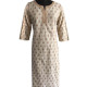 White And Golden Long Printed Kurti With Full Sleeves And Embroidery Work