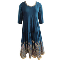Aegean Blue Long Kurti For Women With Stunning Golden Work, Ethnic Wear