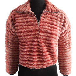 Pink Stripes Fur Crop Zip Up Sweater / Hoodie For Women, Warm & Comfortable, Winter Fits
