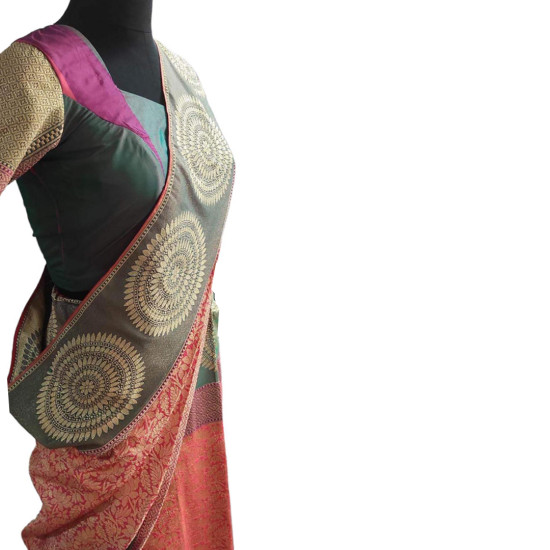 Banarasi Summer Silk Multicoloured Ready To Wear Saree With Half Sleeve Blouse, Ethnic Wear