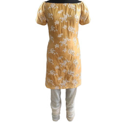 Fancy Set Of Off Shoulder Floral Yellow Kurta & White Pants, Women's Ethnic Wear