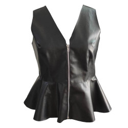 Black Leather Peplum Top With Front Zipper For Women, Classy Winter Fits