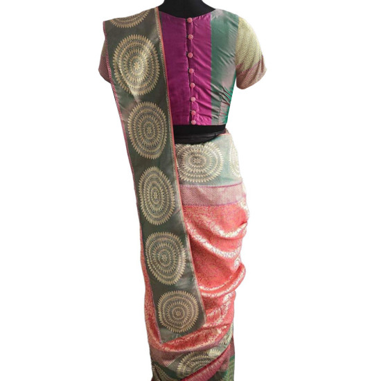 Banarasi Summer Silk Multicoloured Ready To Wear Saree With Half Sleeve Blouse, Ethnic Wear