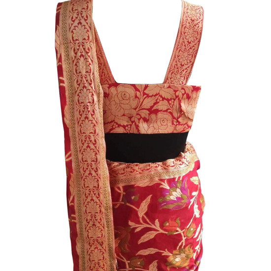 Floral Georgette Saree With Banarasi Silk Embroidery, Ready To Wear Saree With Sleeveless Blouse, Ethnic Wear