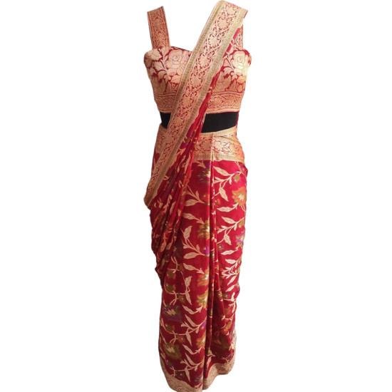 Floral Georgette Saree With Banarasi Silk Embroidery, Ready To Wear Saree With Sleeveless Blouse, Ethnic Wear