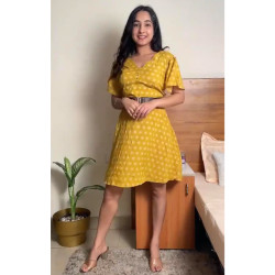 Yellow Cotton Printed Short Dress For Women, Perfect Summer Fit; Sizes - XS, S, M, L