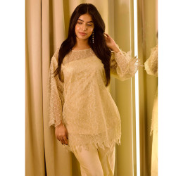 Cream Embroidered Net & Pearl Top With Satin Lining & Wide Pants For Women, Indo-Western Outfits For Women
