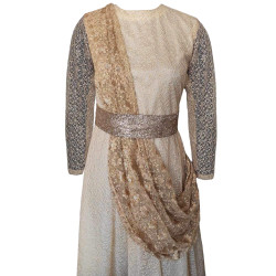 Golden Beige Kurti With Attached Floral Heavy Dupatta, Perfect Ethnic Wear For Women