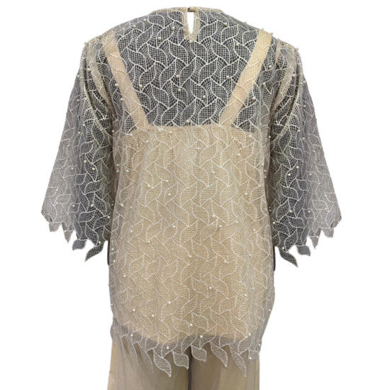 Cream Embroidered Net & Pearl Top With Satin Lining & Wide Pants For Women, Indo-Western Outfits For Women