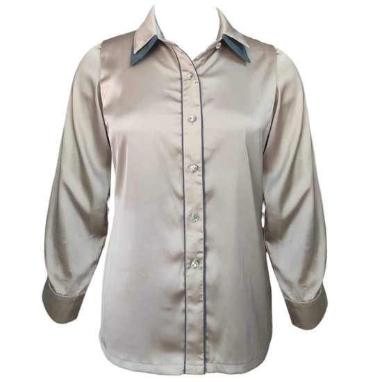 Regal Grey Slate - Satin Shirt For Women, Simple Detailing, Formal Summer Fits For Women