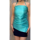 Solid Blue Elegant Evening Satin Blouse With Spaghetti Straps, Summer Tops For Women 