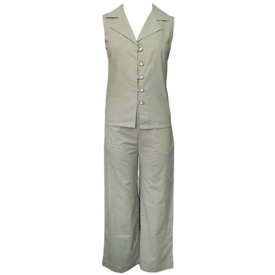 The Linen Story - Casual Green Top & Pants Set, Linen Co-ord Set For Women