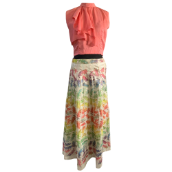 Baby Pink Ruffle Crop Top With Multicoloured Embroidered Skirt 