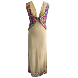 Long Indo-Western Beige Net Dress For Women With Multucoloured Attached Jacket 
