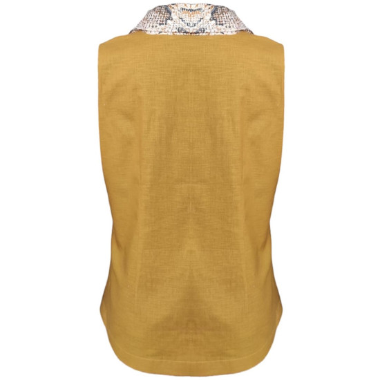 The Linen Story - Dull Yellow Sleeveless Scarf Shirt For Women, Linen Summer Fits