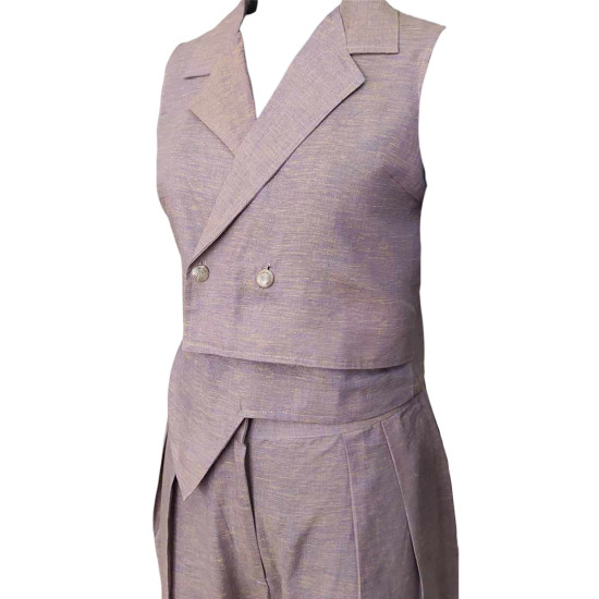 The Linen Story - Purple Asymmetric Overlapping Top & Pant Set, Linen Co-ord Set For Women