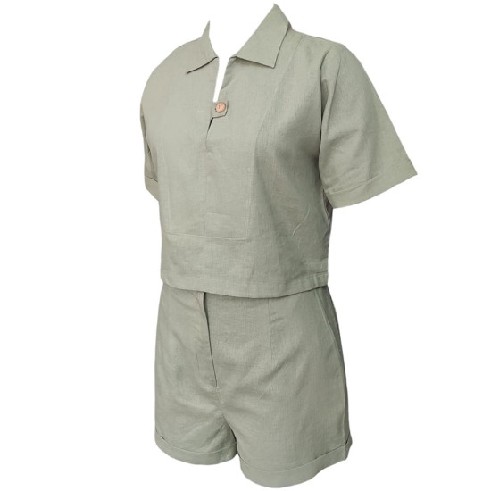 The Linen Story - Casual Green Top & Shorts Sets, Linen Co-ord Set For Women