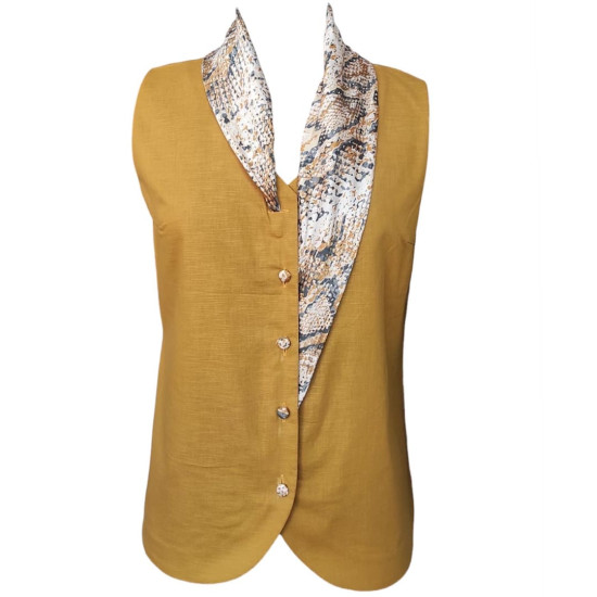 The Linen Story - Dull Yellow Sleeveless Scarf Shirt For Women, Linen Summer Fits