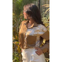 Brown & Mustard Half Printed & Half Plain Satin Shirt For Women, Contemporary Summer Fits