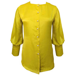 Lemon Yellow Satin Shirt With Bishop Sleeves, Summer Fits For Women