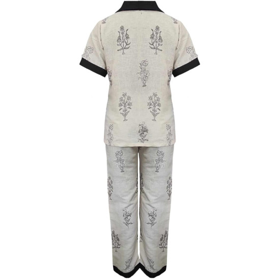 Black & White Elegant Floral Printed Cotton Night Suit, Shirt & Straight Pant Set, Night Wear For Women