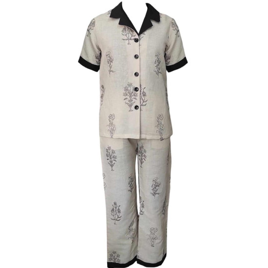 Black & White Elegant Floral Printed Cotton Night Suit, Shirt & Straight Pant Set, Night Wear For Women