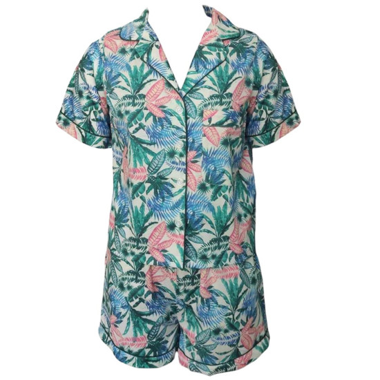 Multicoloured Leaves Printed Cotton Night Suit, Shirt & Shorts Set, Night Wear For Women