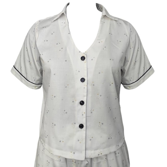 Small Cute Star Printed Cotton Night Suit, Shirt & Shorts Set, Night Wear For Women