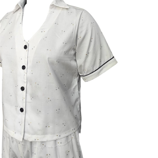 Small Cute Star Printed Cotton Night Suit, Shirt & Shorts Set, Night Wear For Women